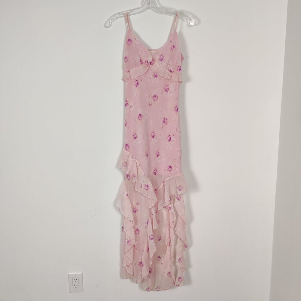 Thirty / Thirty Women's Dress Size L Pink Floral Sheer Lined Ruffle Asymmetrical